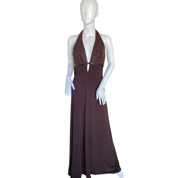 Laundry by Shelli Segal Women's Brown Rhinestone Halter Evening Gown Size 8 - Picture 1 of 5